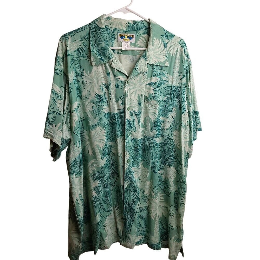 Bermuda Casuals Haband Mens XL Green Palm Tree Tropical Rayon Button Down Shirt